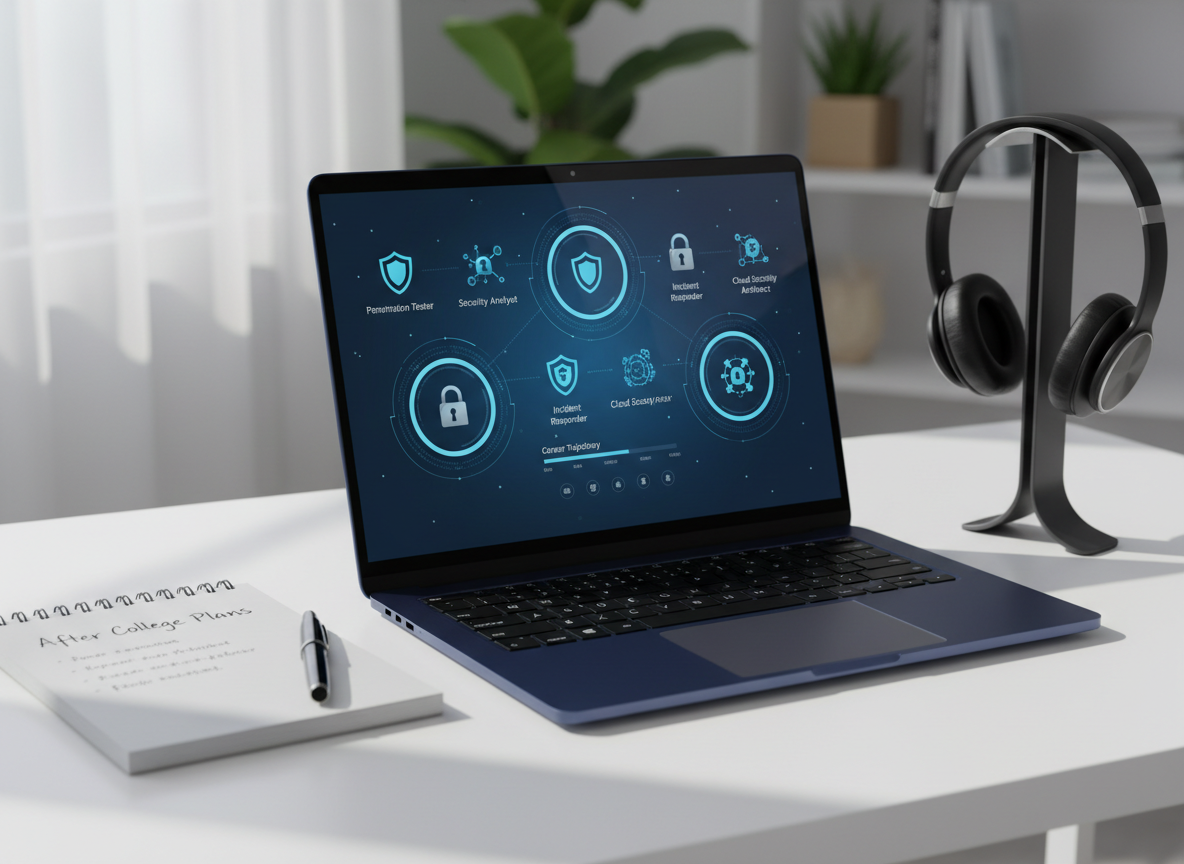 A sleek midnight-blue laptop with a subtle brushed metal texture sits open on a clean white desk, its screen displaying a professional dashboard of cybersecurity career paths: icons of shields, locks, and network diagrams in crisp, modern UI style. Around it, neatly arranged are a spiral-bound notebook labeled “After College Plans,” a black fountain pen, and a pair of minimalist over-ear headphones resting on a stand. Soft natural daylight from an unseen window washes in from the left, creating gentle reflections on the laptop’s surface and faint shadows behind each object. Photographic realism, eye-level composition, with a shallow depth of field that keeps the focus on the laptop screen while the background fades into a calm, slightly blurred office setting. The mood is focused, optimistic, and professional, suggesting clear guidance into cybersecurity careers.