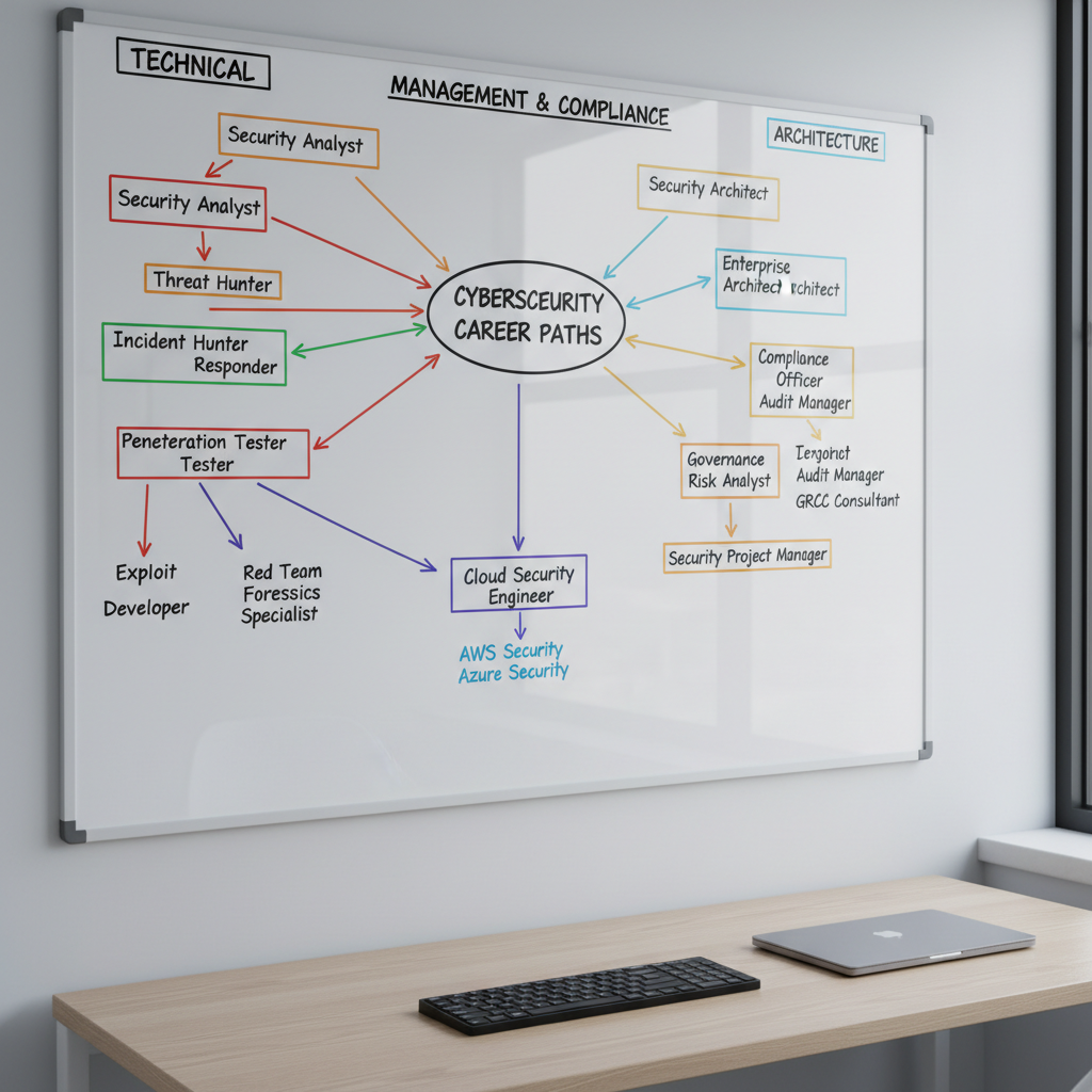 An organized, wall-mounted whiteboard in a modern study space, covered with neatly drawn cybersecurity career paths branching like a mind map. Each branch leads to labeled boxes such as “Security Analyst,” “Penetration Tester,” “Cloud Security Engineer,” and “Governance & Risk,” connected by clean arrows in different colors. Below the whiteboard, a slim, matte-black keyboard and a closed silver laptop rest on a light oak desk. Cool, diffused daylight enters from the right, softly illuminating the marker ink and giving the glassy whiteboard surface a faint reflection. Photographic realism with a slightly elevated angle that captures both the whiteboard details and the tidy workspace. The mood is structured and forward-looking, conveying clarity about what comes after college for aspiring cybersecurity professionals.