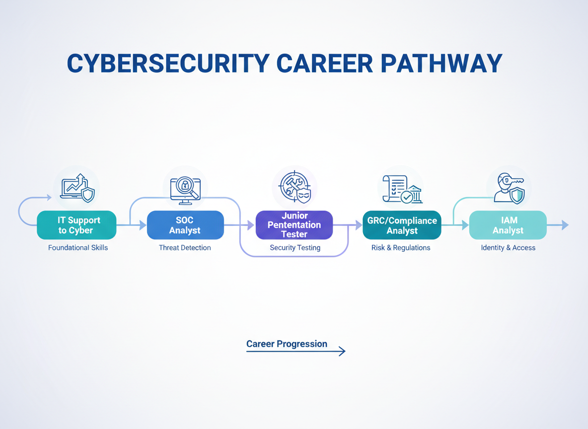 A clean, professional, cyber-themed illustration showing a horizontal roadmap with multiple milestones labeled for entry-level cybersecurity careers (SOC Analyst, IT Support to Cyber, Junior Penetration Tester, GRC/Compliance Analyst, IAM Analyst). Use modern flat design, subtle gradients, and blue/teal accents on a light background. Include simple icons like shields, locks, and laptops, with a sense of progression from left to right.