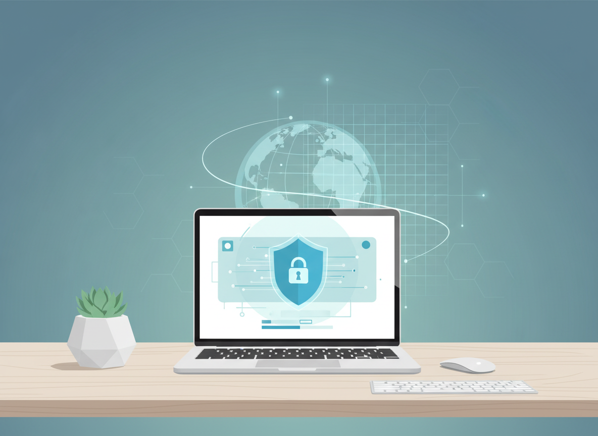 A clean, modern illustration of a computer workstation with a laptop and subtle cybersecurity elements, in a minimalist style that matches the existing site design.