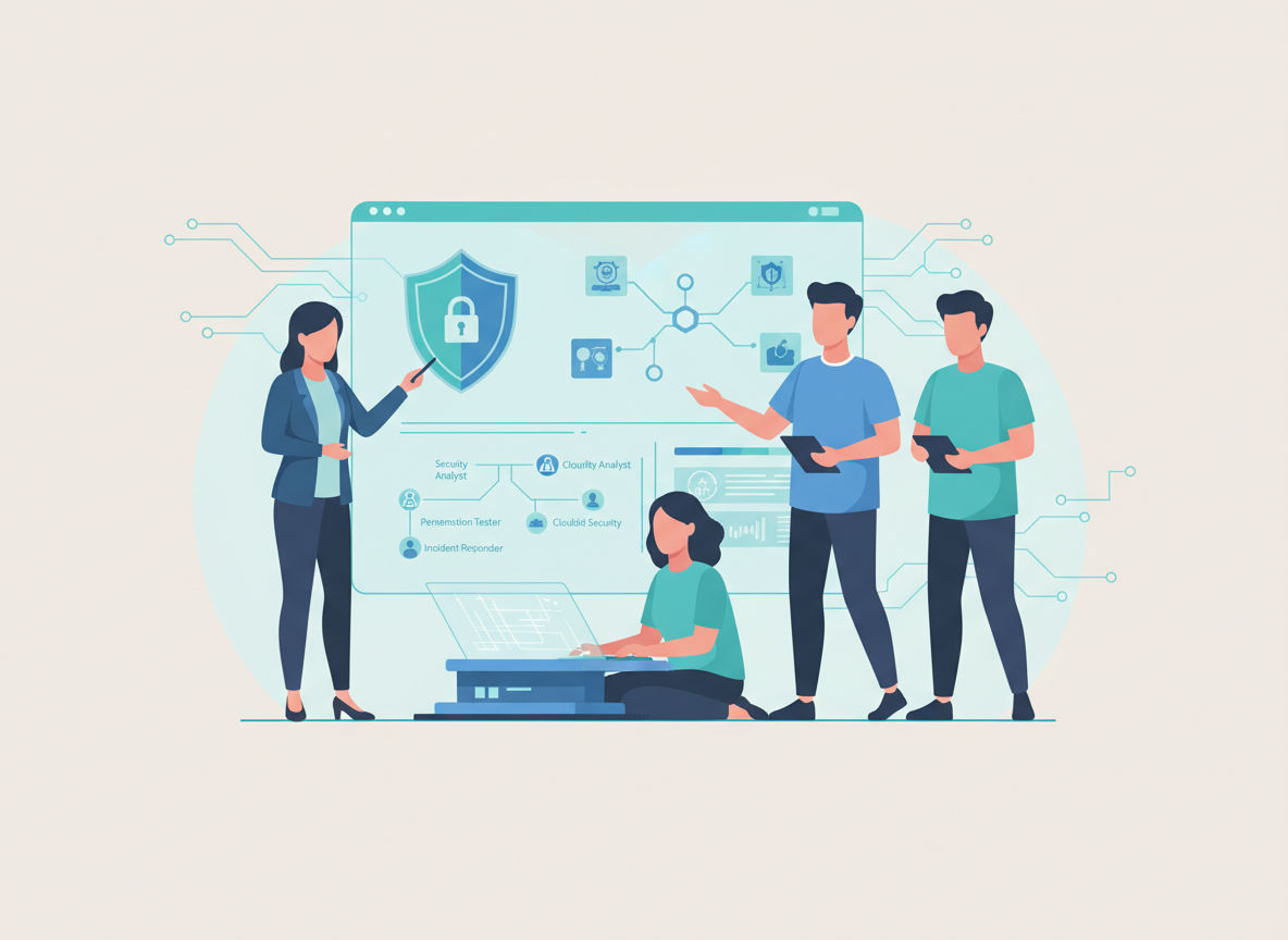 A clean, modern, cyber-themed illustration that complements the existing roadmap image: show a diverse group of recent graduates collaborating around a large digital screen displaying cybersecurity icons (shield, lock, network nodes) and branching career paths. Flat, minimal style with blue/teal tech accents on a light background, matching the current site aesthetic.