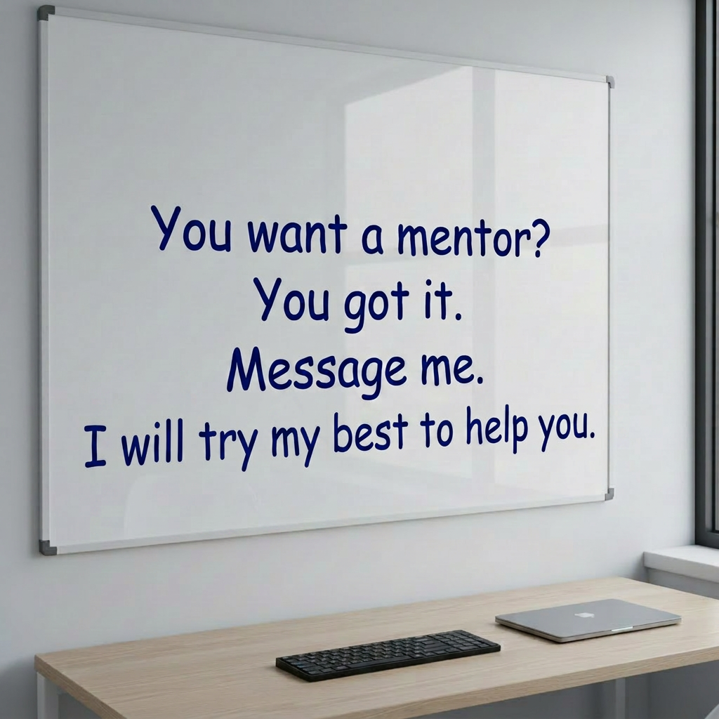 Whiteboard with text: 'You want a mentor? You got it. Message me.'