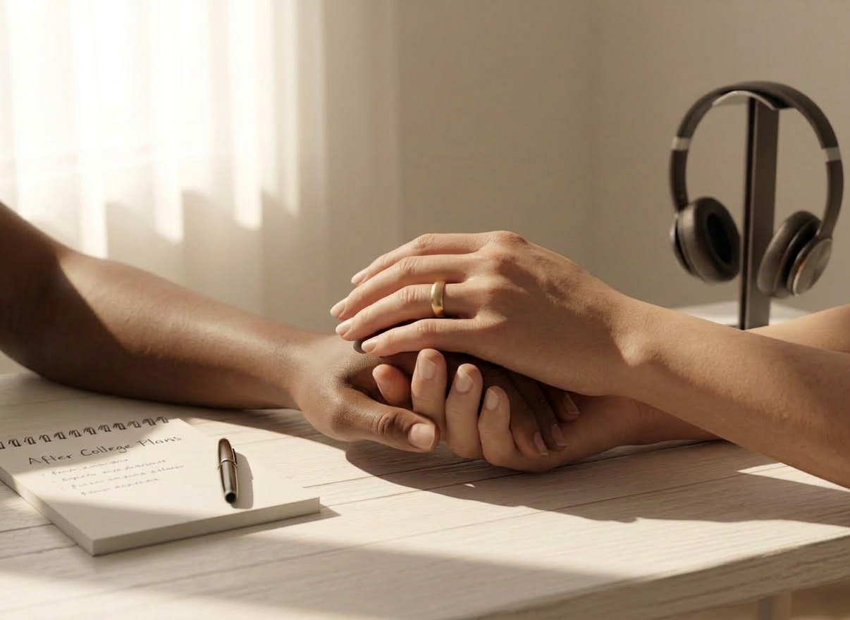Two hands gently holding each other over a notebook titled 'After College Plans' on a wooden table, with a pen and headphones nearby.