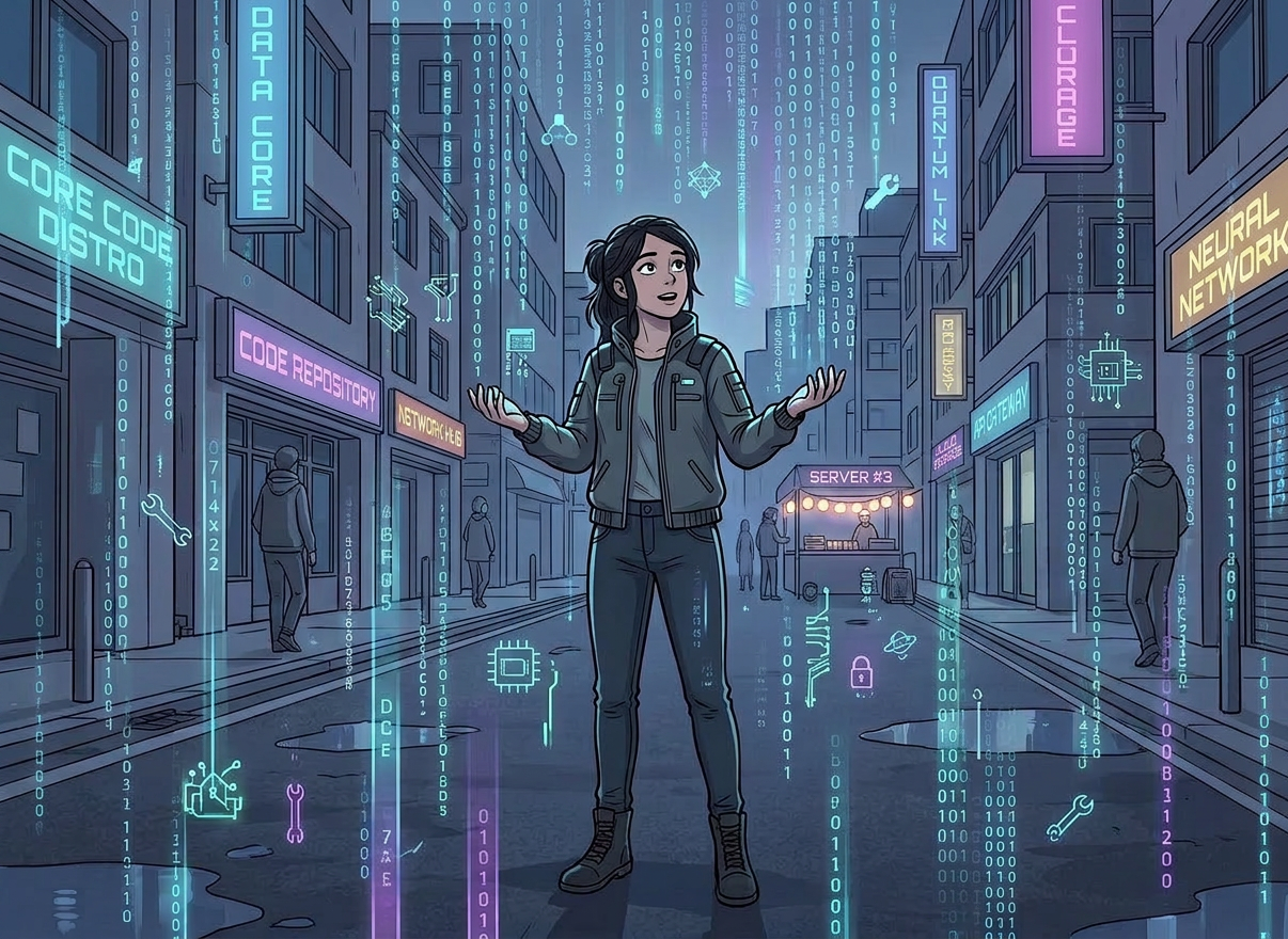 Woman floating with umbrella near laptop showing cybersecurity roles and icons